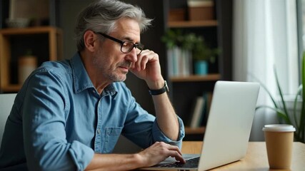 Concentrate older mature man businessman wearing eyeglasses looking at computer screen sitting at table, using laptop working online remotely, e-learning, browsing web, searching o. - Powered by Adobe