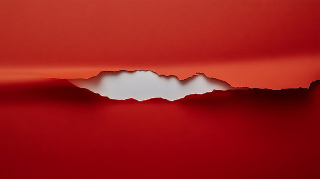 Abstract, minimalist photo shows a stark red background with a jagged, horizontal tear, revealing a bright white layer beneath, creating a striking visual contrast.