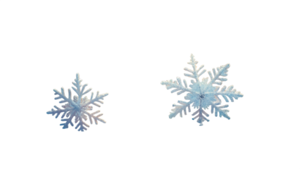 3d illustration of two delicate blue snowflakes with glittery accents, isolated on a transparent background, symbolizing winter and cold weather