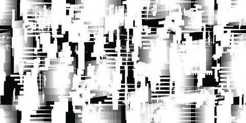 Glitch distorted grungy abstract forms . Cyber punk seamless pattern texture. Halftone dots .Futuristic background . Glitched shapes with dots and lines .Screen print endless pattern texture