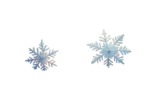 3d illustration of two delicate blue snowflakes with glittery accents, isolated on a transparent background, symbolizing winter and cold weather