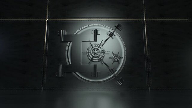 Large metal safe door unlocking with bitcoin coins falling out, representing cryptocurrency wealth and secure financial assets.