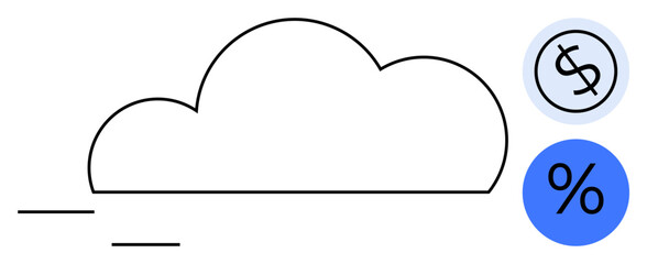 Cloud outline with speeding lines, dollar symbol in grey circle, percentage in blue circle. Ideal for finance, savings, loans, technology, cloud services data storage digital economy. Simple flat