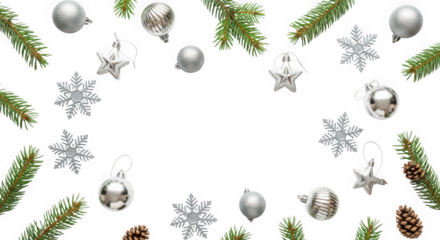 Christmas ornaments fir branches and snowflake decorations arranged on a white surface isolated on transparent background