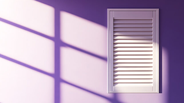 A stylish interior featuring a shuttered window casting shadows on a violet wall. The interplay of light and shadow creates a serene and modern visual experience.