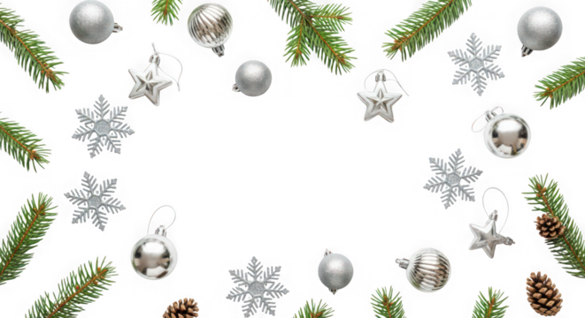 Christmas ornaments fir branches and snowflake decorations arranged on a white surface isolated on transparent background