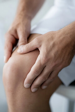 A close-up shows a man's hands gently pressing on his knee. He is dressed in a white shirt, his fingers explore his knee, possibly assessing pain or discomfort. Focus on joint health.