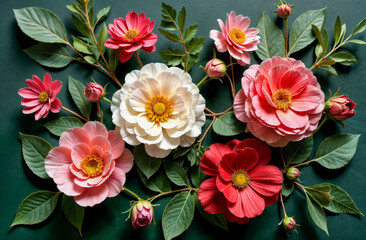 Beautiful arrangement of colorful flowers and leaves on a dark green background showcasing nature's elegance and charm