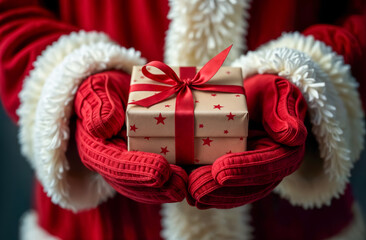 Santa holds a beautifully wrapped gift with red ribbon and stars before a festive background in winter season