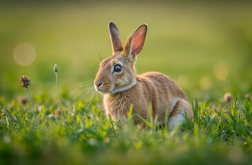 Cute rabbit sitting in a green field during the golden hour under soft sunlight