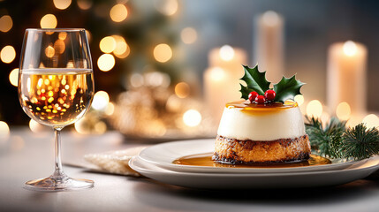 Christmas pudding topped with holly and cranberries on a plate beside a glass of amber liqueur, softly lit festive table with warm bokeh lights and holiday decorations in the background