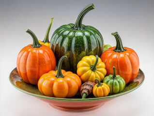 Colorful autumn pumpkins arranged beautifully on a decorative plate for seasonal celebration