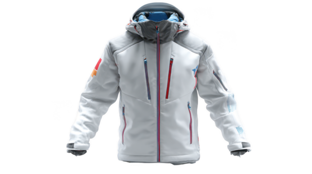 White ski jacket for winter sports on a transparent background