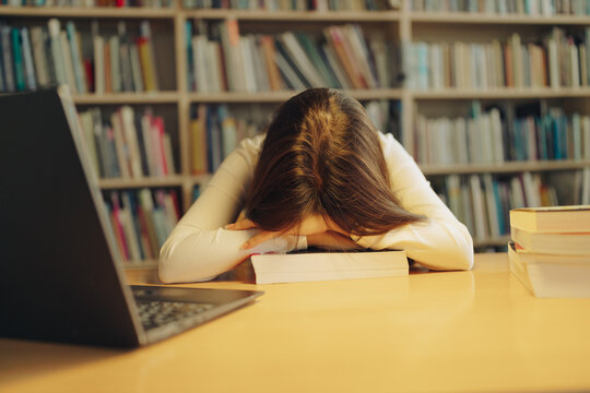Tired student asleep on books in library, academic burnout