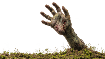 Undead zombie hand emerging from grassy ground, symbolizing horror, death, apocalypse, and resurrection, with transparent background