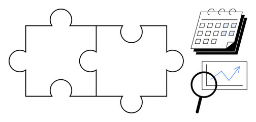Two connected puzzle pieces with a calendar and a chart under a magnifying glass. Ideal for teamwork, planning, analysis, growth, problem-solving, scheduling, success. Simple flat metaphor