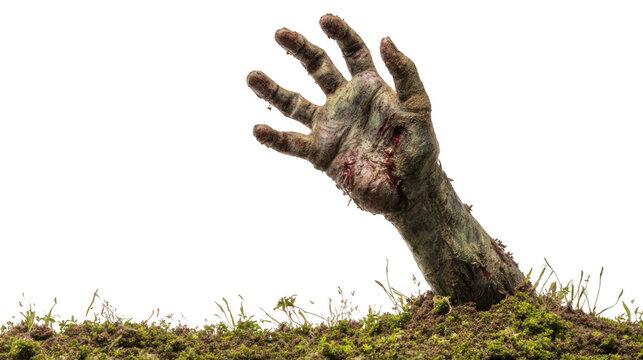 Undead zombie hand emerging from grassy ground, symbolizing horror, death, apocalypse, and resurrection, with transparent background