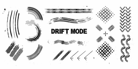 Collection of abstract grunge brush strokes and graphic elements for design with drift mode text