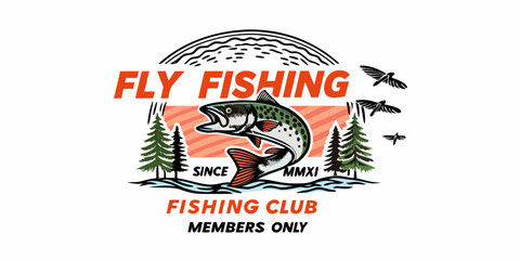Retro fly fishing club emblem with leaping trout trees and birds