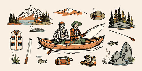 Two friends in a canoe fishing with mountains and trees in the background surrounded by fishing gear