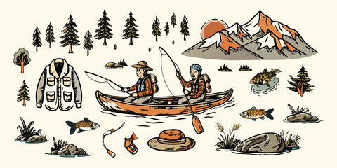 Two people fishing from a canoe surrounded by nature elements and outdoor gear