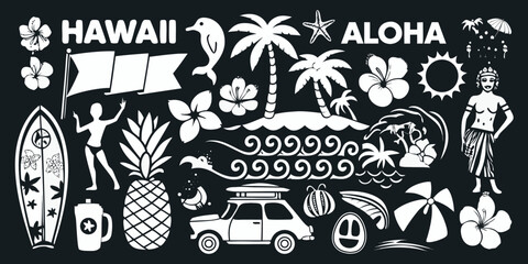 Collection of hawaiian themed icons and illustrations including aloha text palm trees surfboards and tropical flowers
