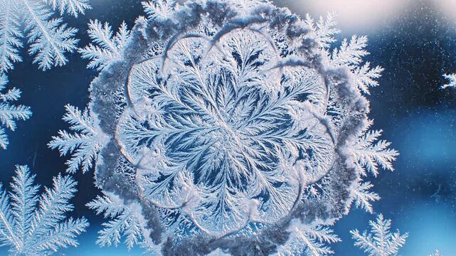 Intricate snowflake pattern frozen on glass, surrounded by other ice crystals, blue hues