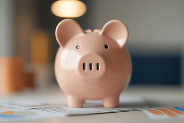 A charming pink piggy bank sits atop financial charts, symbolizing savings and financial planning, offering a playful yet serious take on monetary matters.