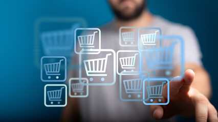 Person interacting with shopping cart icons on a screen, representing online shopping, ecommerce, and digital retail. High-tech, futuristic desi