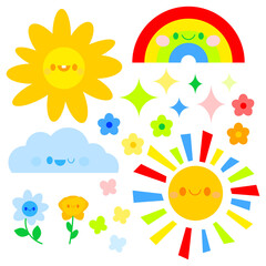 Naklejka premium A set of cartoon elements of sun, gloom, rainbow and flowers