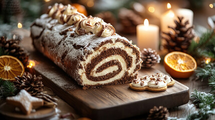 Yule log cake on rustic holiday table with pinecones, candles, dried oranges and Christmas cookies, warm cozy ambient light, traditional festive dessert scene with copy space
