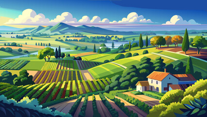 Fototapeta premium Very beautiful aerial shot of a gorgeous summer landscape at a vineyard in Braselton, Georgia, USA, showing miles of lush green trees, grass, and plants under a blue sky with soft white clouds.