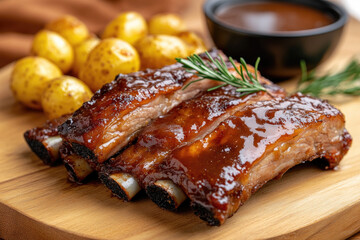 Roasted Norwegian pork ribs, known as ribbe, present a traditional Christmas dish with crispy skin, fresh rosemary, chives, small potatoes, and a side of red sauce