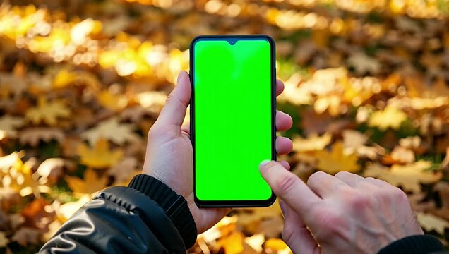 Hand Holding Smartphone With Green Screen Amidst Autumn Leaves