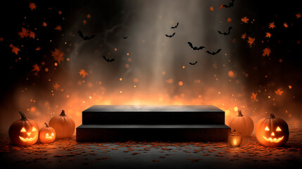 Spooky Halloween scene featuring carved pumpkins, bats flying in the dark, and a mysterious platform illuminated by glowing lights, creating an eerie atmosphere for festive celebrations