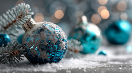 Decorative blue and silver Christmas ornaments resting on a snowy surface, surrounded by pine branches, creating a festive and cozy holiday atmosphere with soft bokeh lights in the background