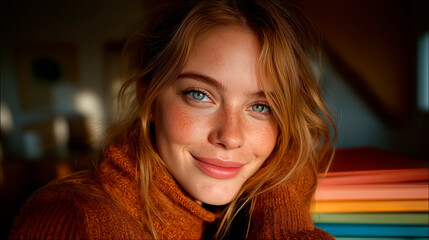 Young woman with light brown hair and freckles, wearing a cozy orange sweater, smiles warmly in a softly lit indoor setting with colorful paper in the background