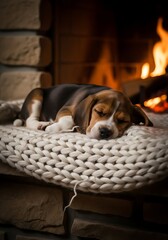 Cozy Beagle Puppy Sleeping Peacefully by the Fireplace: Perfect for Home, Lifestyle and Pet-Related Content.