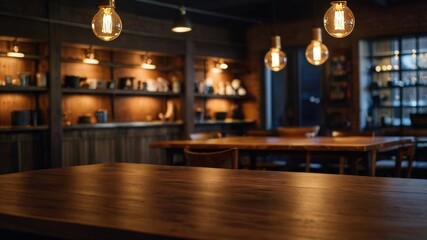 Warm, inviting empty wooden table in rustic setting, perfect restaurant background for product display