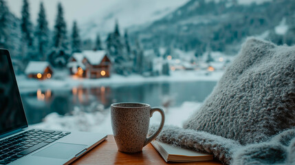Cozy winter scene featuring a warm cup of coffee beside a laptop on a wooden table, with a snowy landscape and illuminated cabins in the background, creating a serene atmosphere