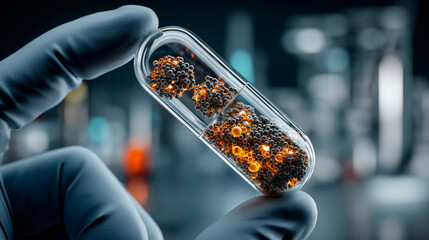 Transparent capsule held by gloved hand, showcasing vibrant orange and black particles inside, with laboratory equipment blurred in the background, symbolizing scientific research and innovation