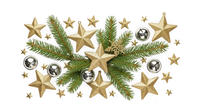 Christmas decoration stars pine needles baubles festive garland isolated on transparent background