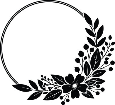 Black floral frame with botanical elements isolated on a white background for card design.