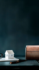 Miniature white house model placed on a notepad beside stylish brown wallet and glasses, creating a cozy workspace atmosphere with a dark background