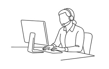 Customer support representative in office with headset and computer in minimalist line art
