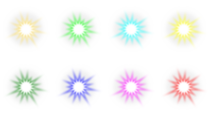 Set of eight colorful glowing starburst light effects on a white background.