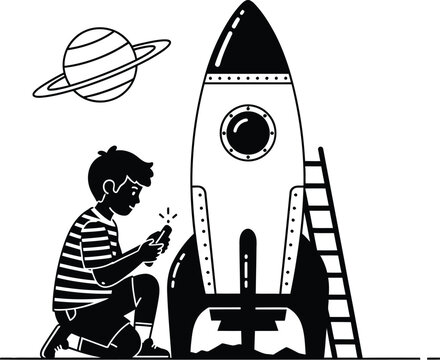 A young boy plays with a toy rocket near a planet icon isolated on a white background.