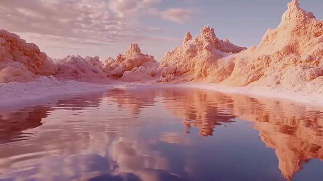 A Serene Landscape of Pink Mountains Reflected in Calm Waters during Sunset