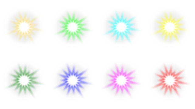 Set of eight colorful glowing starburst light effects on a white background.