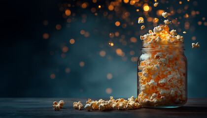 Popcorn as an concept of watching movies in cinema. Cinematographic background.